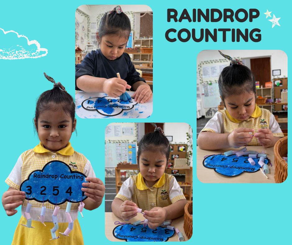A child learning numbers through a raindrop counting activity.