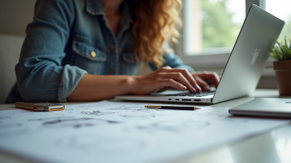 Eye-level view of a student working on a laptop with design sketches scattered around