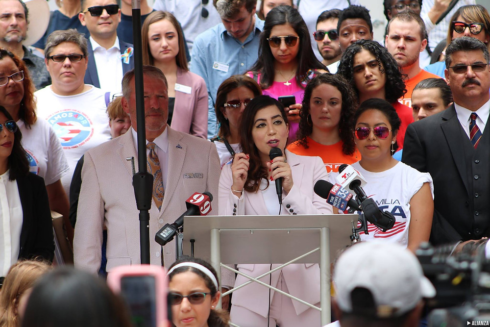 Rasha Mubarak, of the Muslim Women's Organization, speaking during a press conference prior to the passage of the TRUST Act.