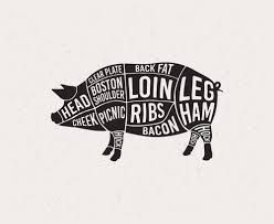 Silhouette of a pig divided into labeled meat cuts: head, shoulder, loin, ribs, etc. Black on white with speckled background.