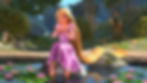 Rapunzel sits by a pond holding a flower, her golden hair flowing, while Flynn Rider watches from the background in a forest setting.