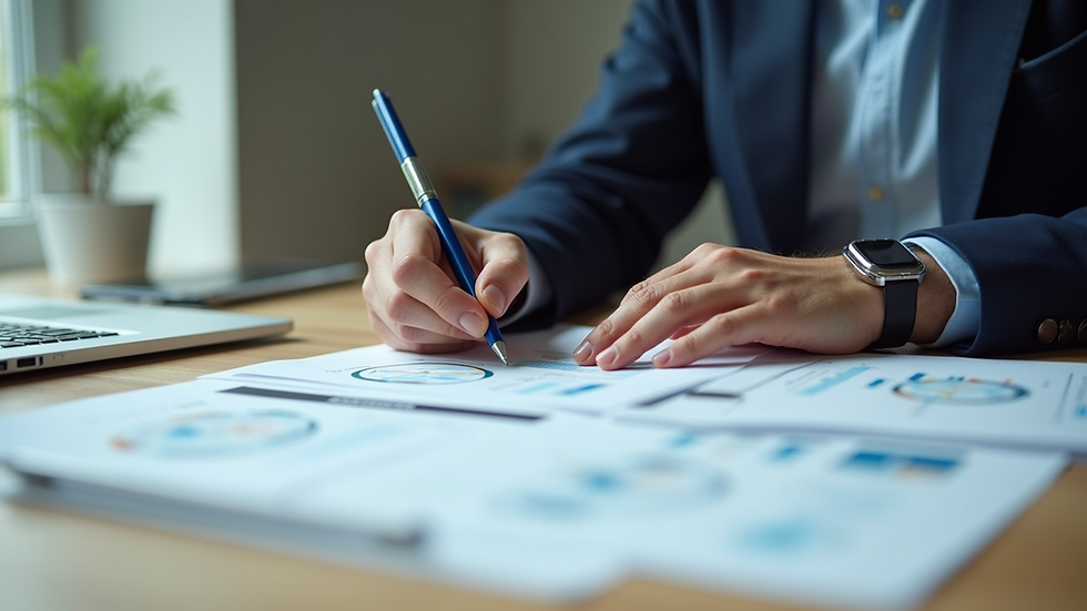 Eye-level view of a business consultant reviewing a business plan document