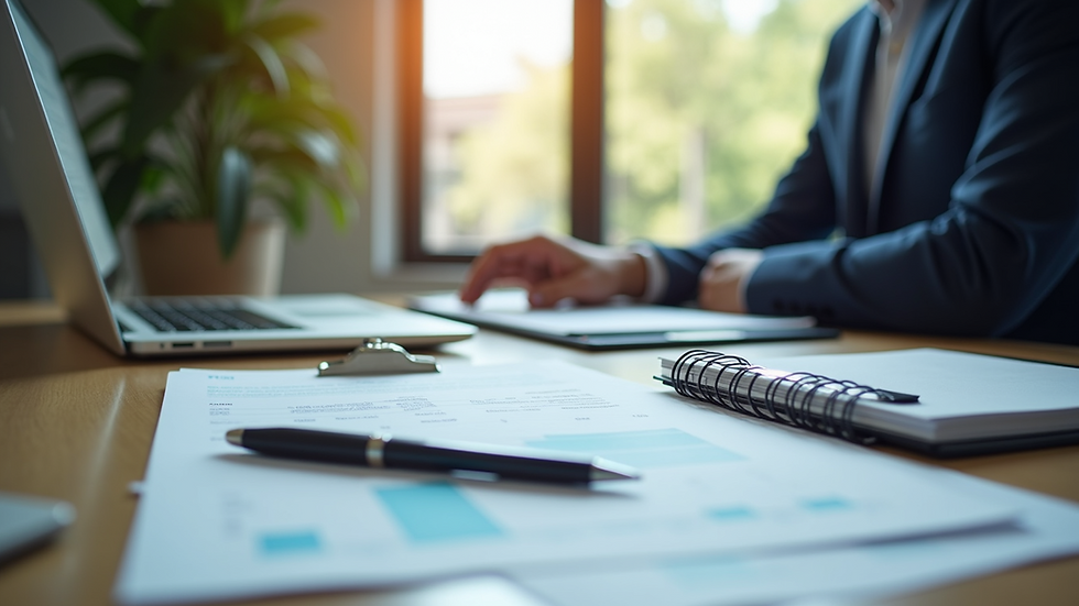 High angle view of a desk with a laptop and financial documents
