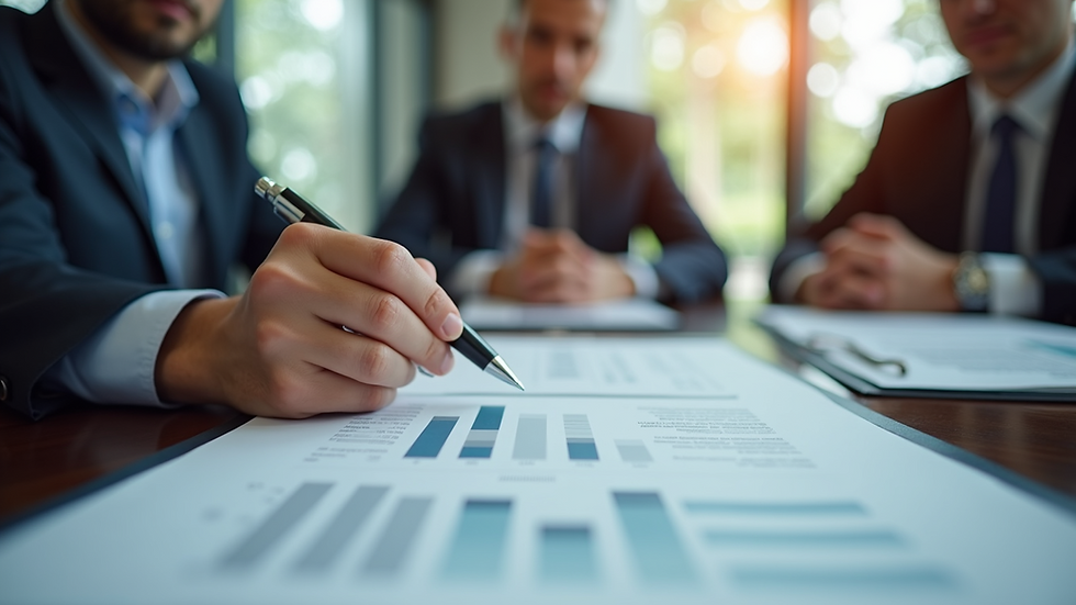 Eye-level view of a business meeting discussing financial documents