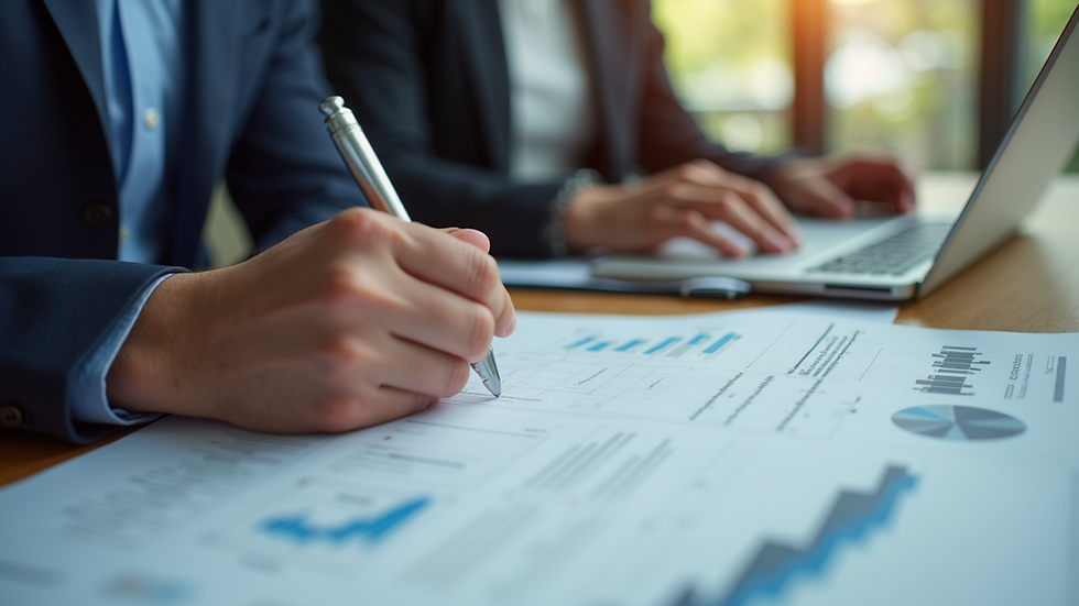 Close-up view of a consultant reviewing a business plan with a client