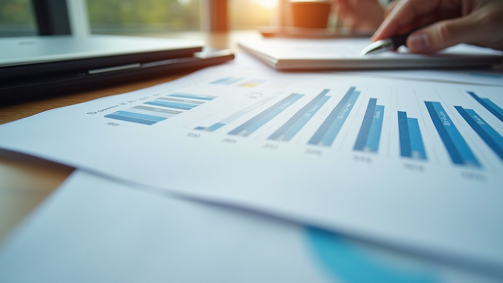 Close-up view of financial charts and business plan documents on a desk