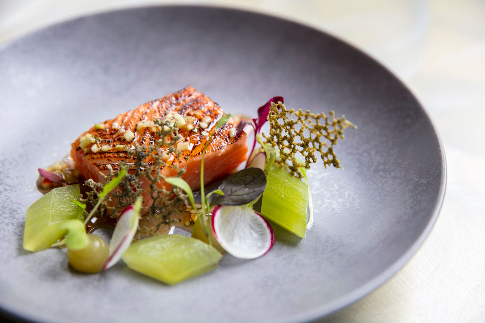 Confit Blackened Salmon, sour cucumber, sweet chilli salsa, wakame tuile 5.jpg