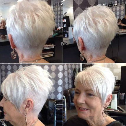 Collage showing older woman with modern short white pixie hairstyle from angles