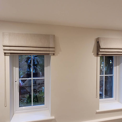 Two windows with beige Roman blinds are shown. Outside, foliage is visible through the glass