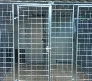 Front view of a double galvanised dog run or kennel enclosure with wire mesh walls and doors