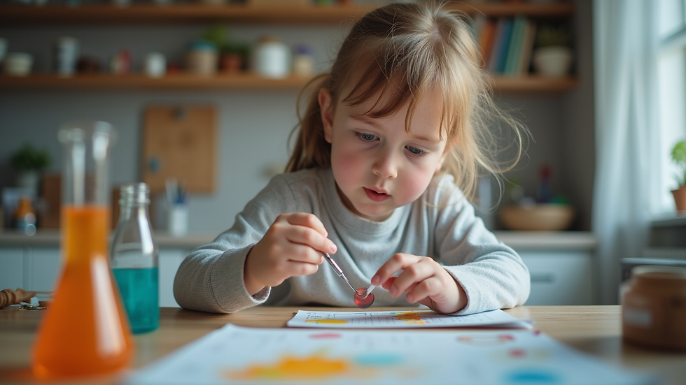 Eye-level view of a child experimenting with a science kit