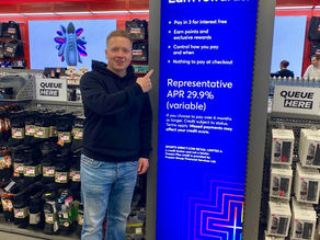 Frasers Plus buy now, pay later advertising inside a Sports Direct store, used to explore consumer behaviour, persuasive marketing and personal finance in Business Studies.