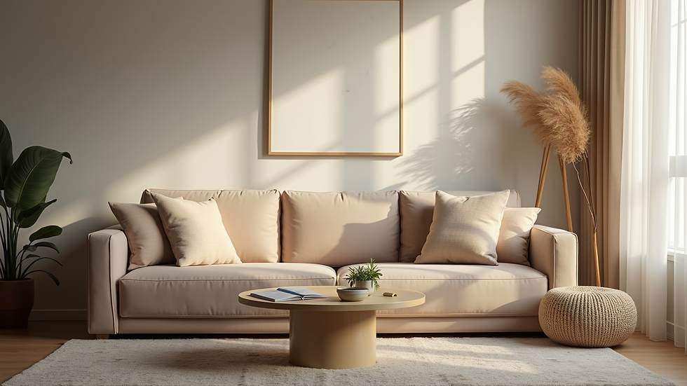 Eye-level view of a cozy living room with soft furnishings