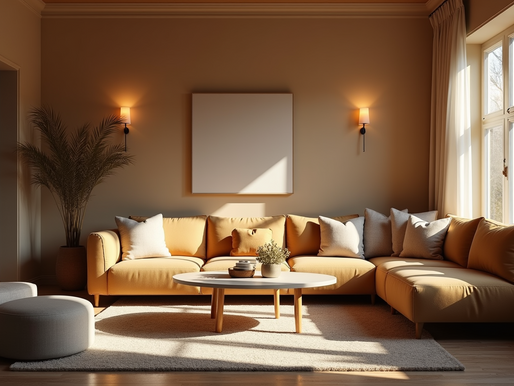 Eye-level view of a cozy living room with comfortable seating and warm lighting