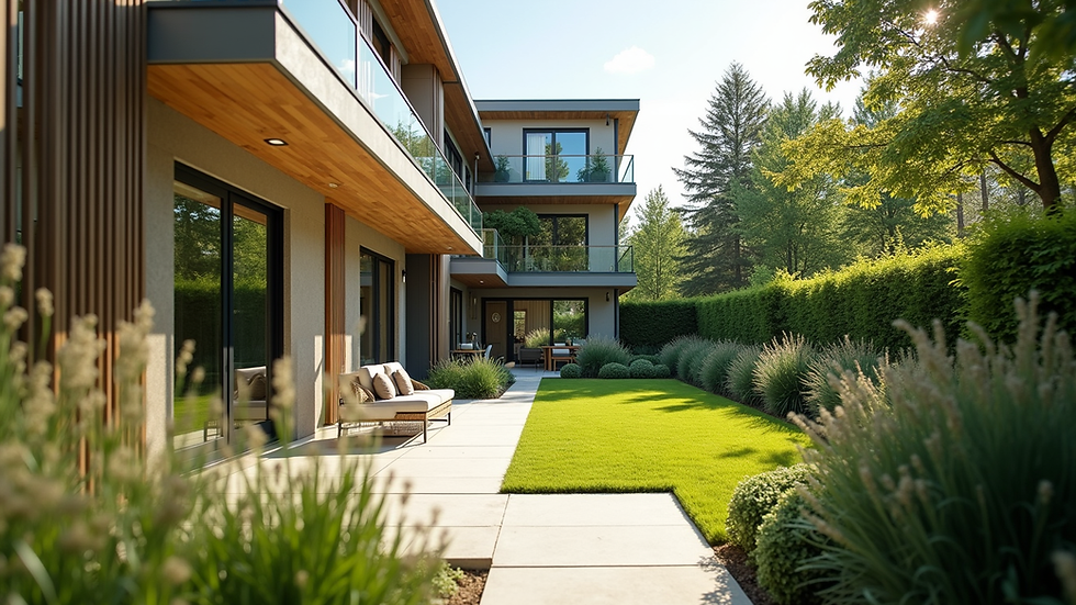 Eye-level view of a modern residential property with a well-maintained garden