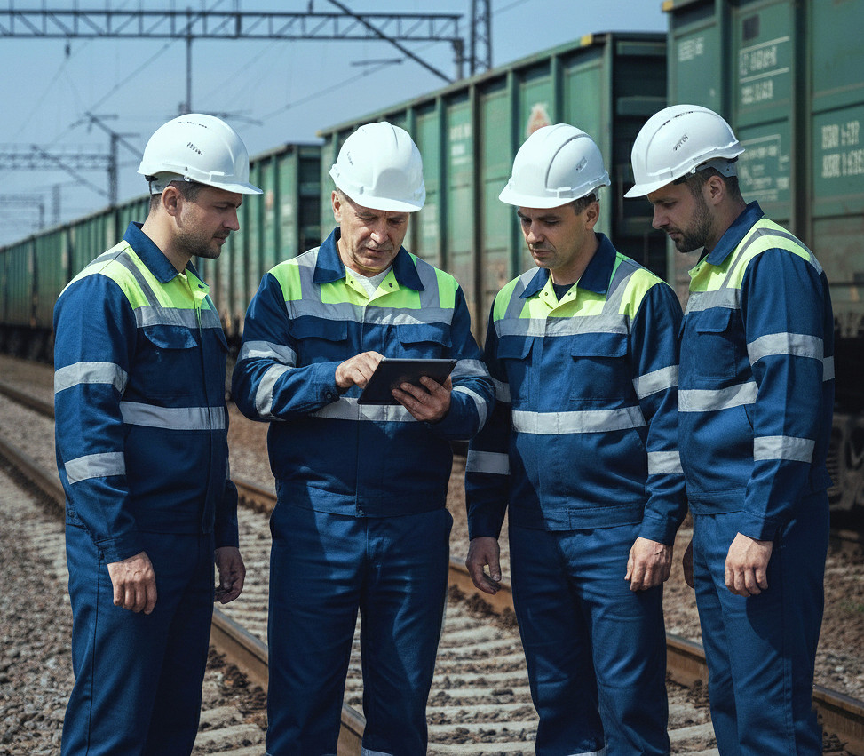 Railway team in an operational discussion by the tracks – digital crew, schedule, and competency management powered by the RAILY Cargo AI mobile app from SP Tech Solutions.