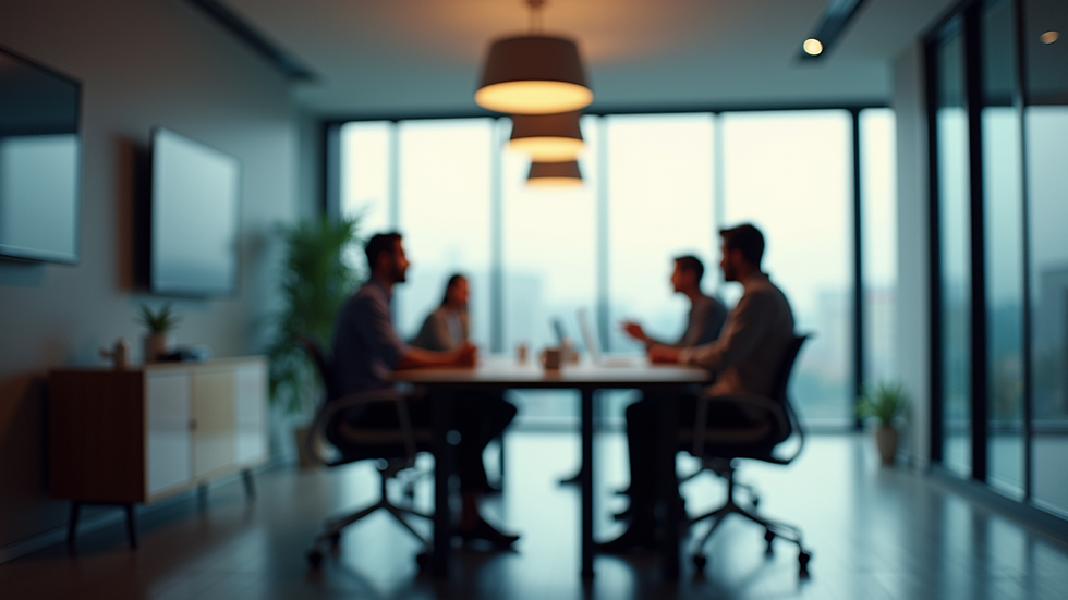 Eye-level view of a modern office meeting room with a team discussing ideas