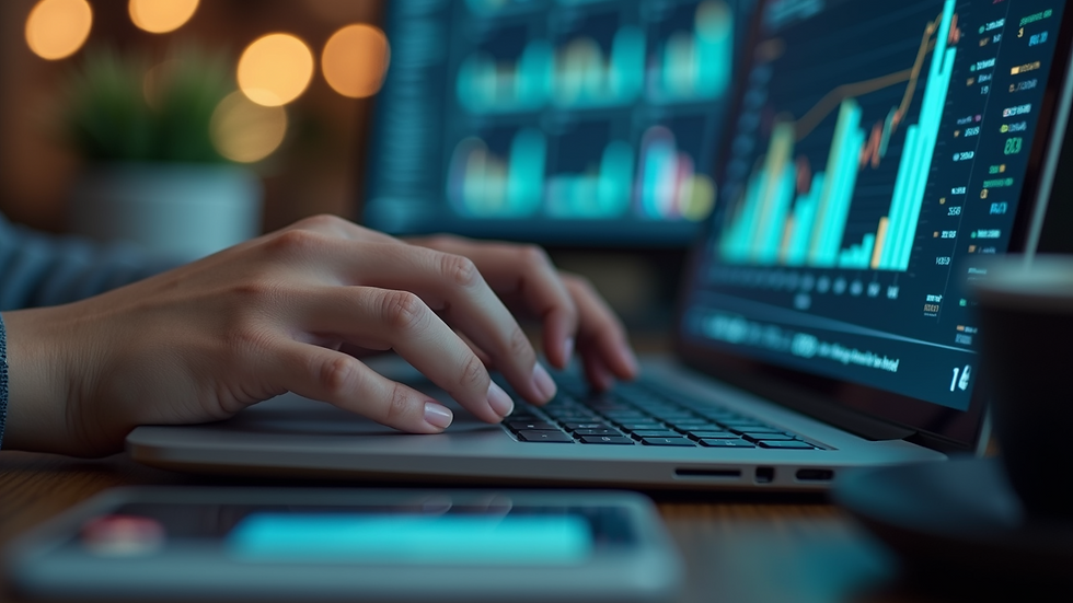 Close-up view of a person analyzing media data on a laptop