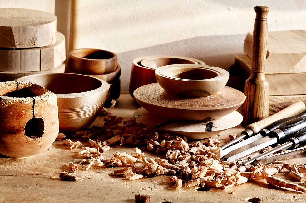 Woodworkers shop. Woodturning project to making a handmade bowls. Woodturning tools and w