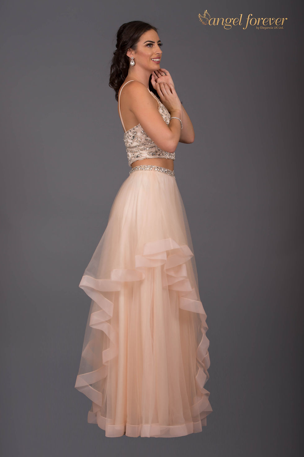 Thumbnail: Heavily Beaded Two Piece Top & Skirt Long Dress With Ruffles
