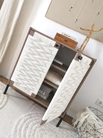 Upcycling Möbel, Upcycling Anrichte, Makramee Möbel, Makramee Kunst, Vollholzmöbel Ikea, Handarbeit Makramee