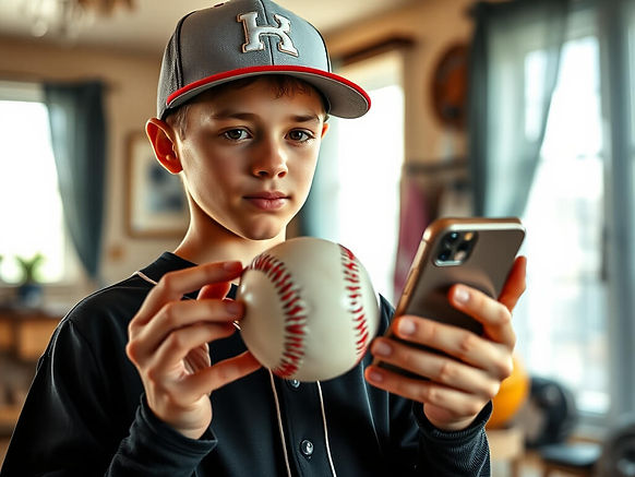 Young baseball player holding a ball and smartphone, practising remote training pitching indoors.