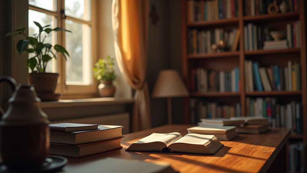 Eye-level view of a cozy reading nook with books and a warm light
