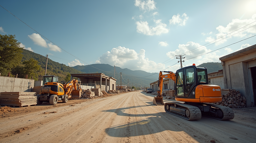 Wide angle view of a franchise construction site with equipment and materials