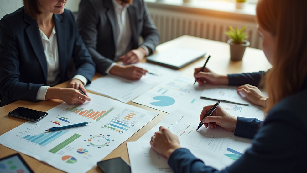 High angle view of a marketing team planning franchise promotion strategies