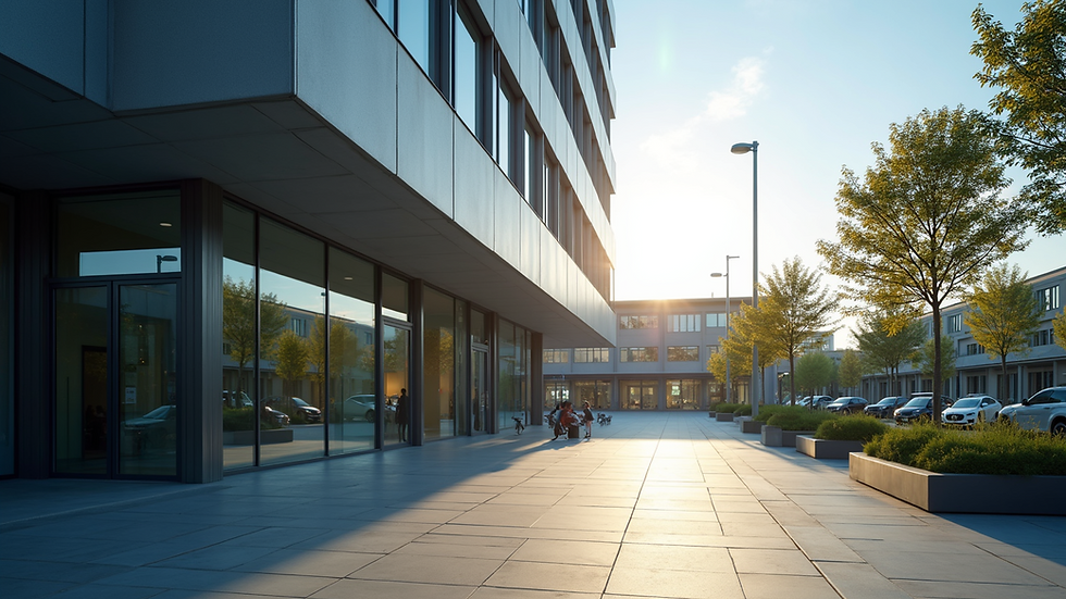 Eye-level view of a modern office building exterior