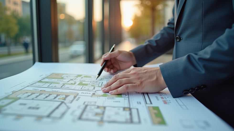 Close-up view of a commercial real estate broker showing property plans
