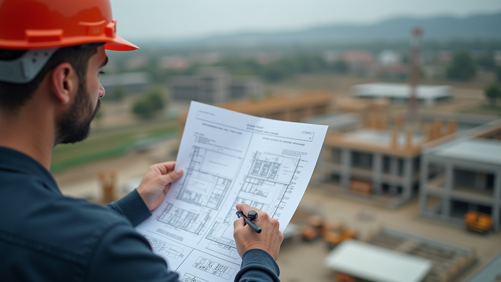 Close-up view of construction manager reviewing blueprints on site