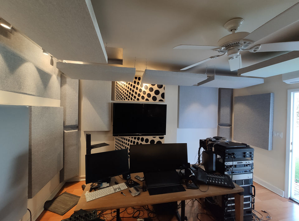 Home Studio with acoustic treatment installation including ceiling and wall acoustic diffuser panels