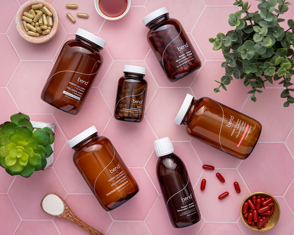 Close-up view of wellness products lined up with a focus on Omega supplements