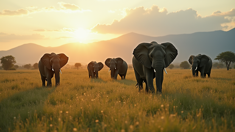 Wide angle view of elephants roaming the lush scenery