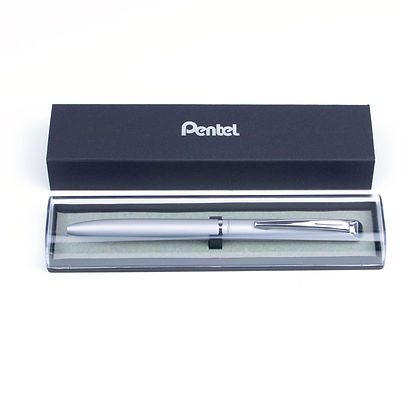 Energel Retractable Liquid Gel Pen 0.7mm Black Ink Silver Metal Body with Gift Case