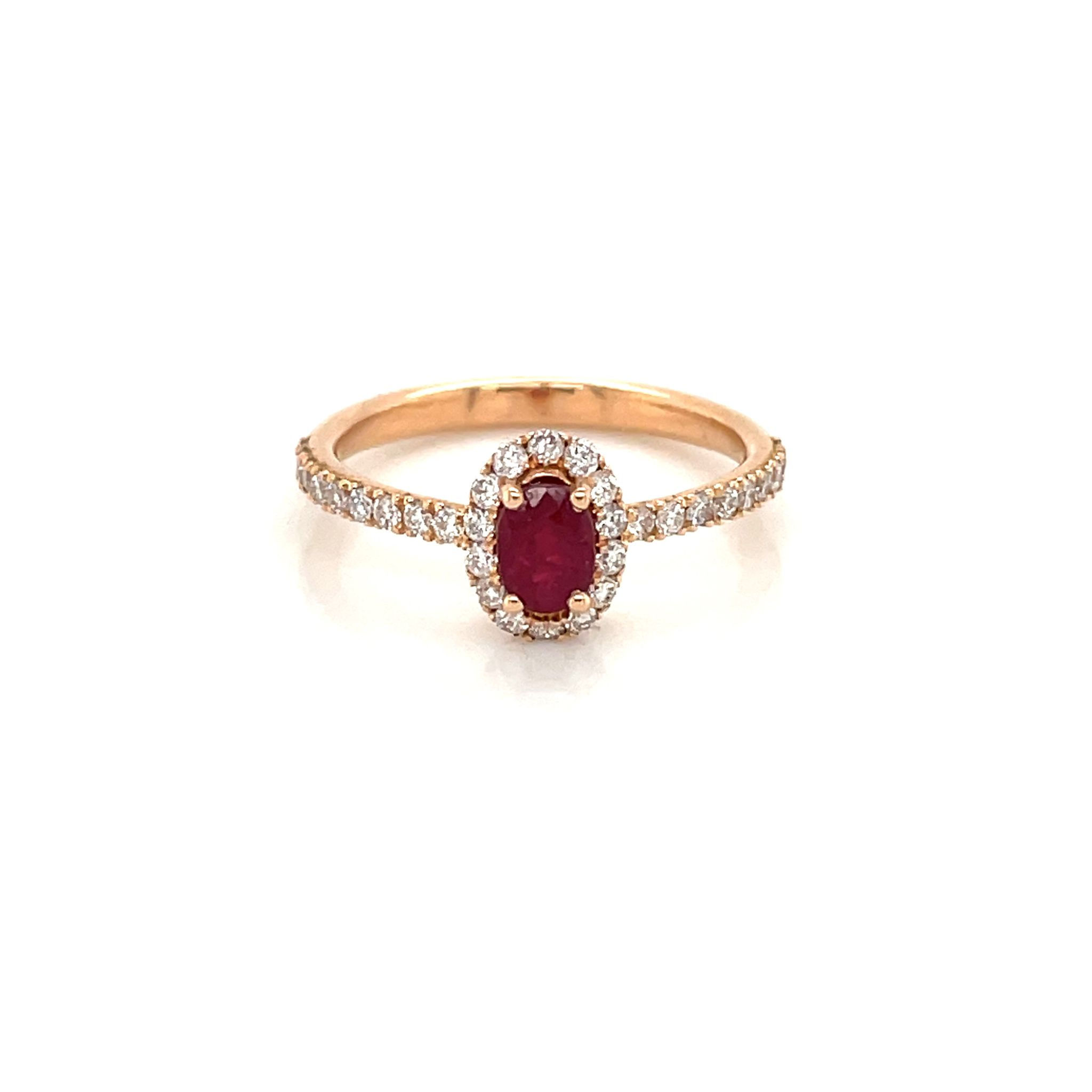 Elegant Ruby and Diamond Halo Ring – Available in White, Rose and Yellow Gold