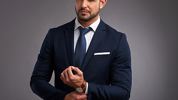 A confident elegant handsome young man standing in front of a grey background in a studio