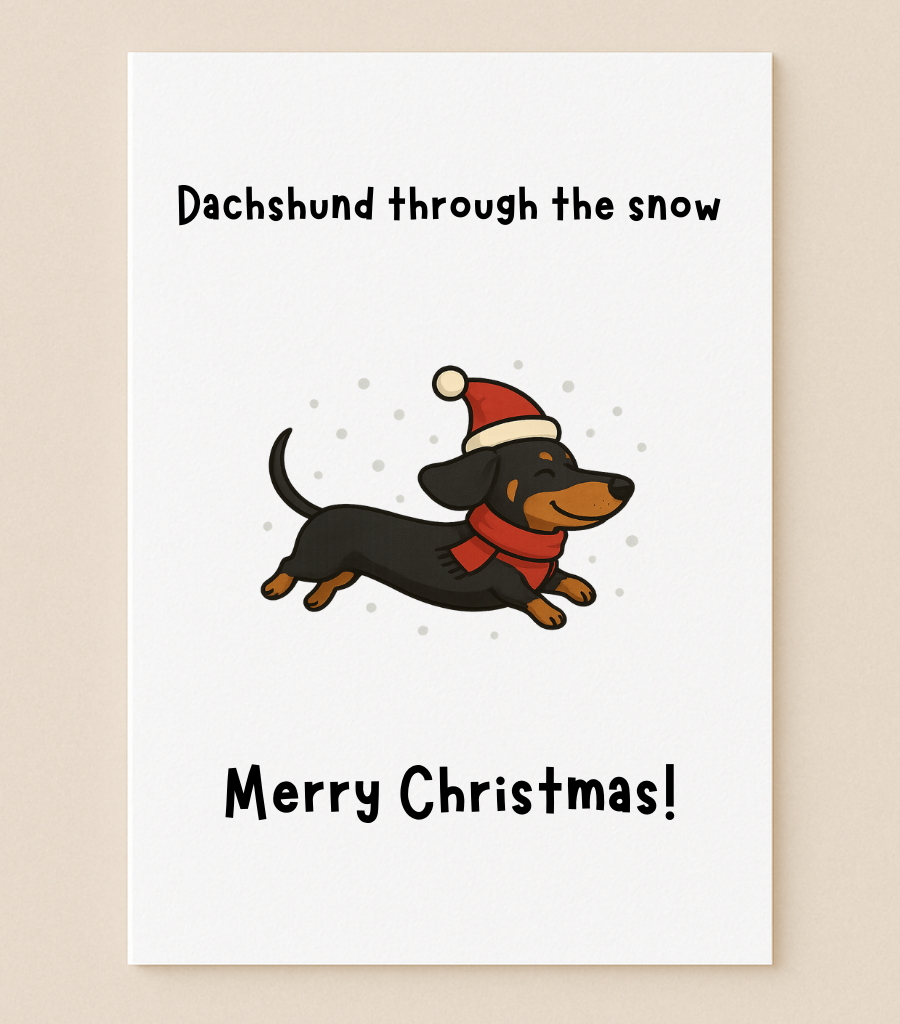 Dachshund through the snow, Merry Christmas! card with cartoon dog and text.