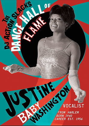 Justine Baby Washington, DJ Action Slacks Dance Hall of Flame, Trading Card Design, Portland Soul DJ, Vintage Vinyl DJ