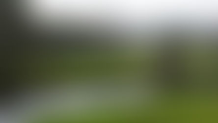 A serene landscape with a river, green pastures, and bare trees, under a cloudy sky. Two distant figures are visible, adding tranquility.