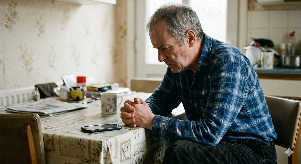 Man in blue plaid shirt sits at a kitchen table, looking pensive. A phone, mug, and newspaper are on the patterned tablecloth. Floral wallpaper.
