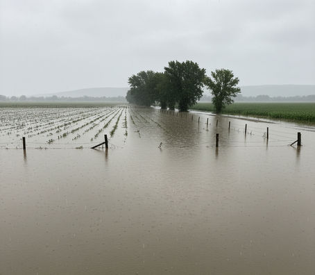 Flooded agricultural fields after heavy rainfall, with standing water covering crops and fence posts, a flooded track running alongside trees, and rain falling across open countryside.
