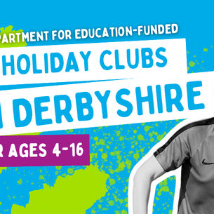 Youth football poster for Department for Education-funded Holiday Clubs in Derbyshire, ages 4-16, with QR code and player.