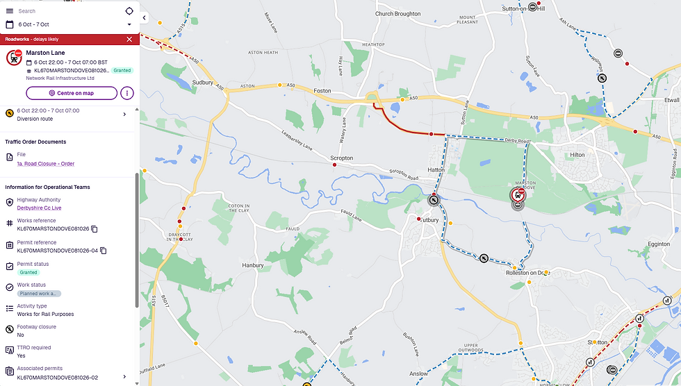 Roadworks map showing Marston Lane closure, delays likely, and a blue dashed diversion route around Hatton and Foston.