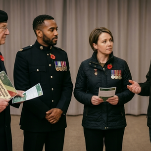 Four people in uniform discuss service pensions, holding leaflets. One holds a sign reading "Unclaimed Service Pensions." Neutral setting.