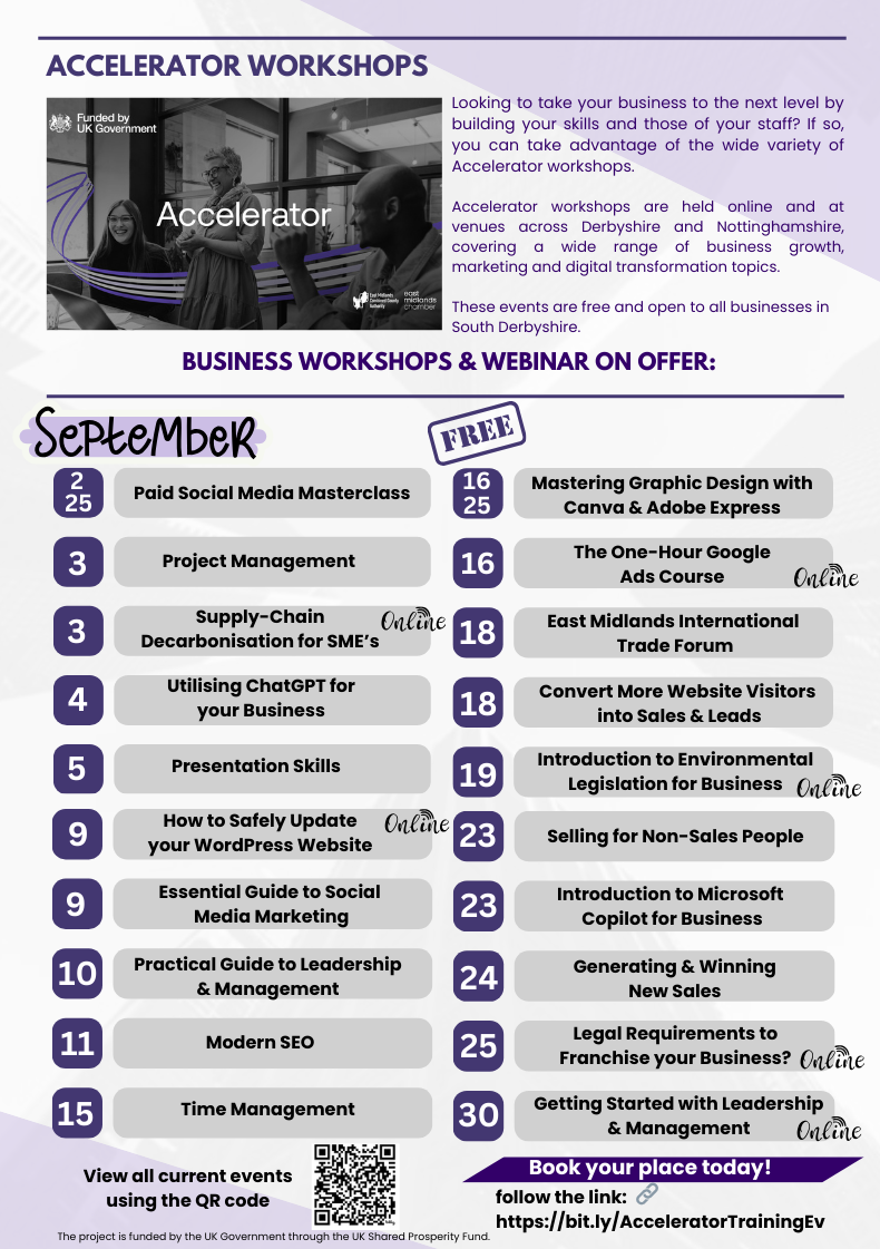 Image of the list of workhops available from the South Derbyshire Free Workshops & Webinars