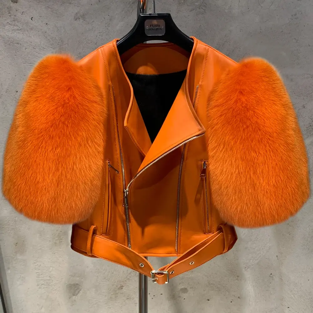 Leather Fur Jacket Natural Fur Sleeve Ladies Short Leather Jacket Real Fox Fur