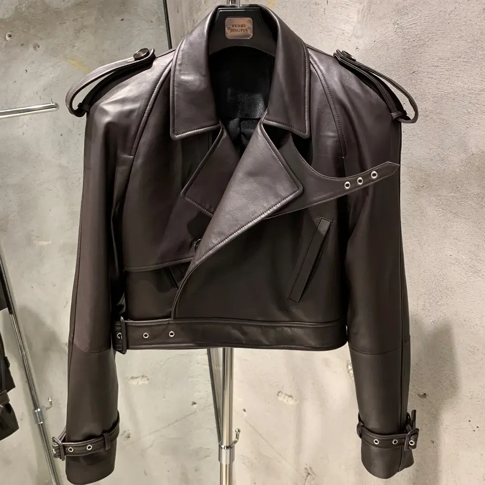 Female Leather Jacket Women Winter Genuine Sheep Leather Coat Wide Shoulder