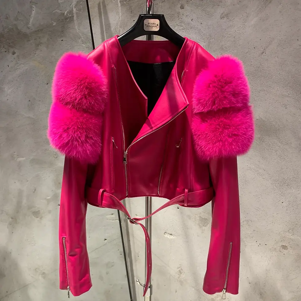 Thumbnail: Leather Jacket Factory Ladies Short Leather Jacket Real Fox Fur Sleeve Coat